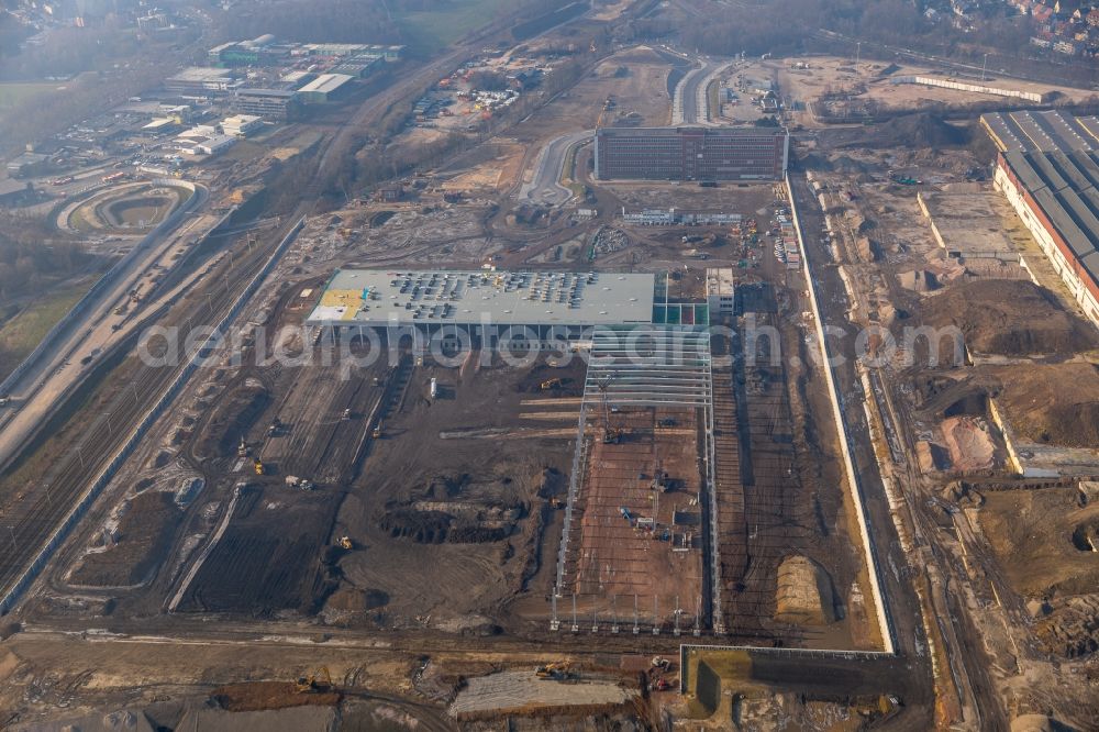 Aerial image Bochum - Construction site to build a new building complex on the site of the logistics center in the development area MARK 51A?7 in Bochum in the state North Rhine-Westphalia, Germany