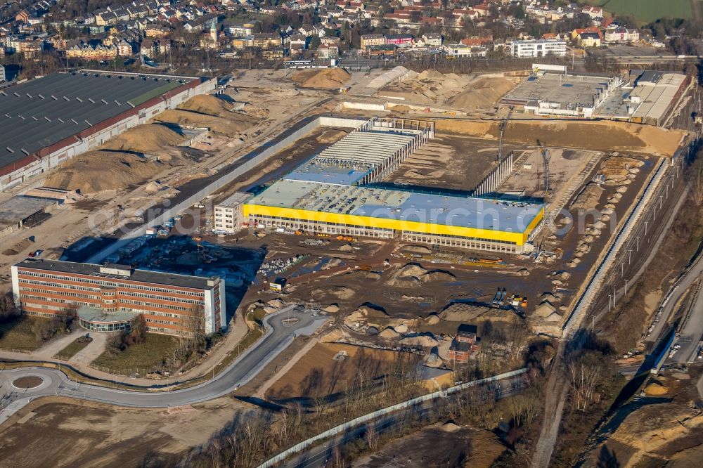 Bochum from the bird's eye view: Construction site to build a new building complex on the site of the logistics center in the development area MARK 51A?7 in Bochum in the state North Rhine-Westphalia, Germany