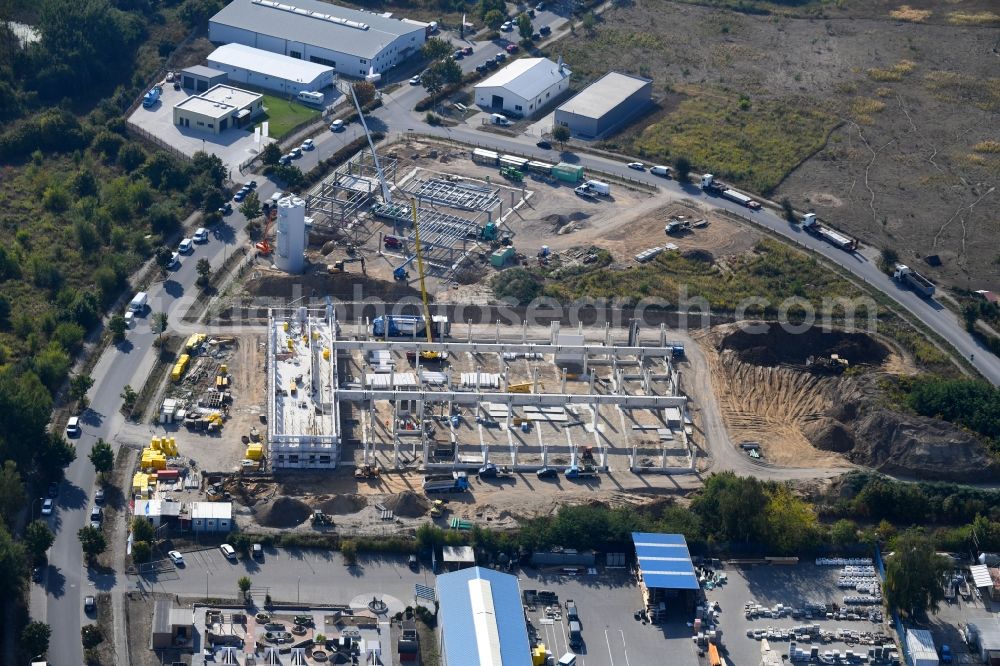 Bernau from above - Construction site for the new building Dictator Produktionsstaette Pappelallee Bernau in the district Schoenow in Bernau in the state Brandenburg, Germany