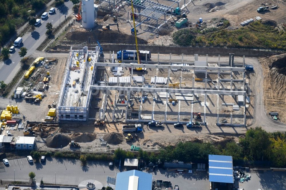 Bernau from the bird's eye view: Construction site for the new building Dictator Produktionsstaette Pappelallee Bernau in the district Schoenow in Bernau in the state Brandenburg, Germany