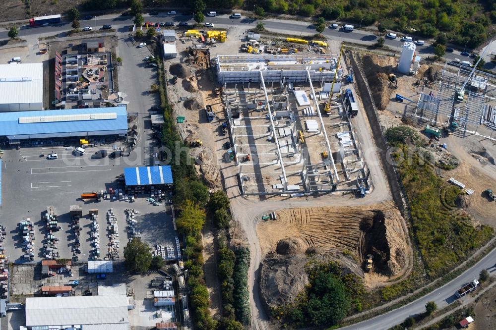 Bernau from above - Construction site for the new building Dictator Produktionsstaette Pappelallee Bernau in the district Schoenow in Bernau in the state Brandenburg, Germany