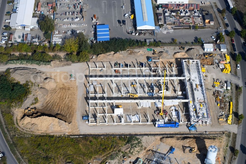 Bernau from above - Construction site for the new building Dictator Produktionsstaette Pappelallee Bernau in the district Schoenow in Bernau in the state Brandenburg, Germany