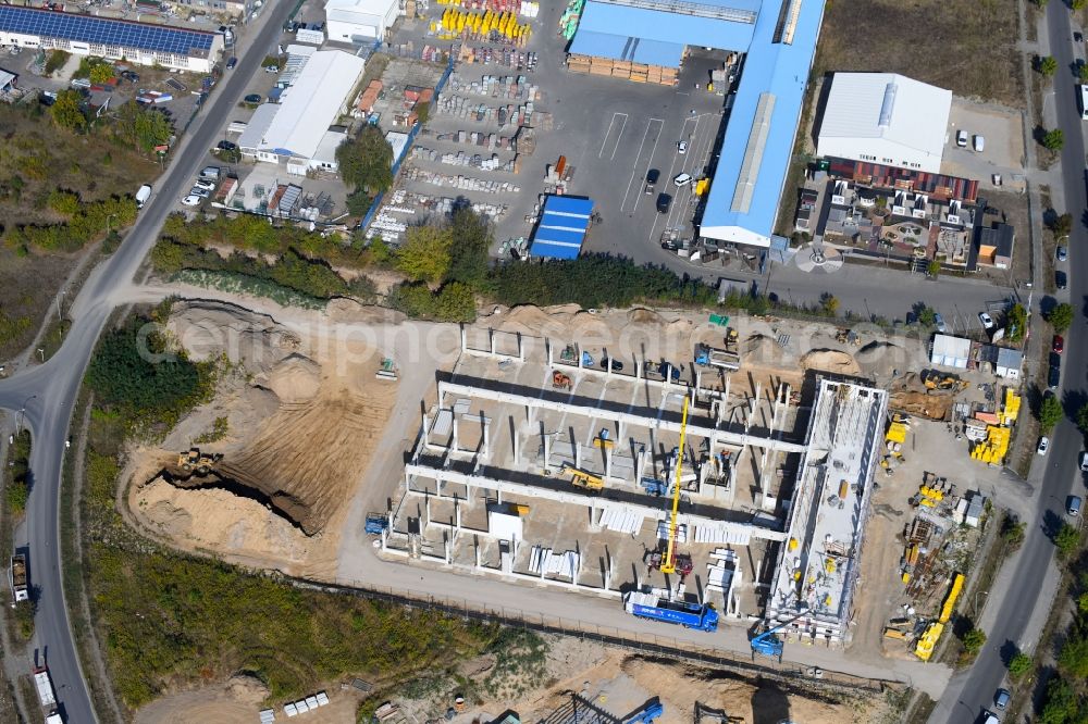 Bernau from the bird's eye view: Construction site for the new building Dictator Produktionsstaette Pappelallee Bernau in the district Schoenow in Bernau in the state Brandenburg, Germany