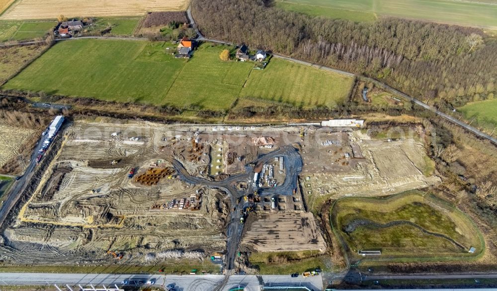 Hamm from above - Construction site to build a new building complex on the site of the logistics center and Distribution Park in the district Uentrop in Hamm in the state North Rhine-Westphalia, Germany