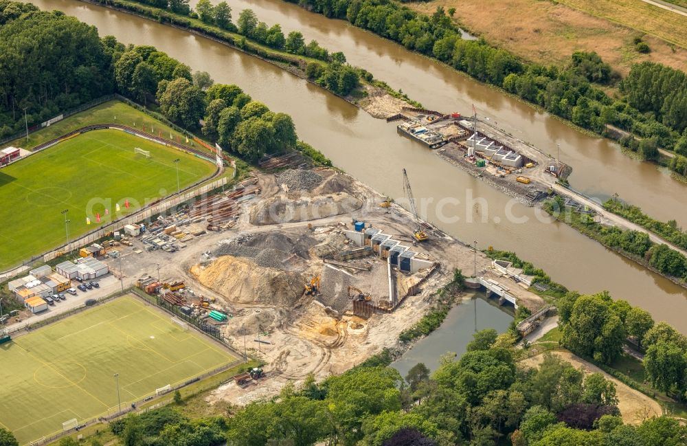 Aerial image Hamm - Construction site for the new building eines Dueker on Adenauerallee on Datteln-Honm Kanal - Lippe in Hamm in the state North Rhine-Westphalia, Germany