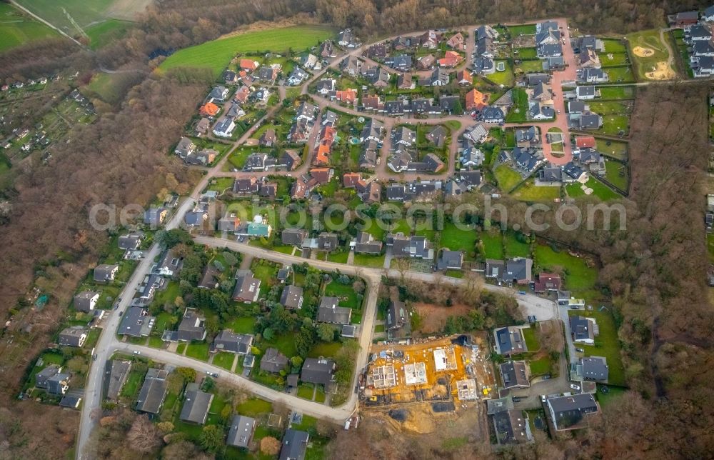 Gladbeck from the bird's eye view: Construction site for the construction of semi-detached houses on Blommsweg in Gladbeck in the state of North Rhine-Westphalia, Germany