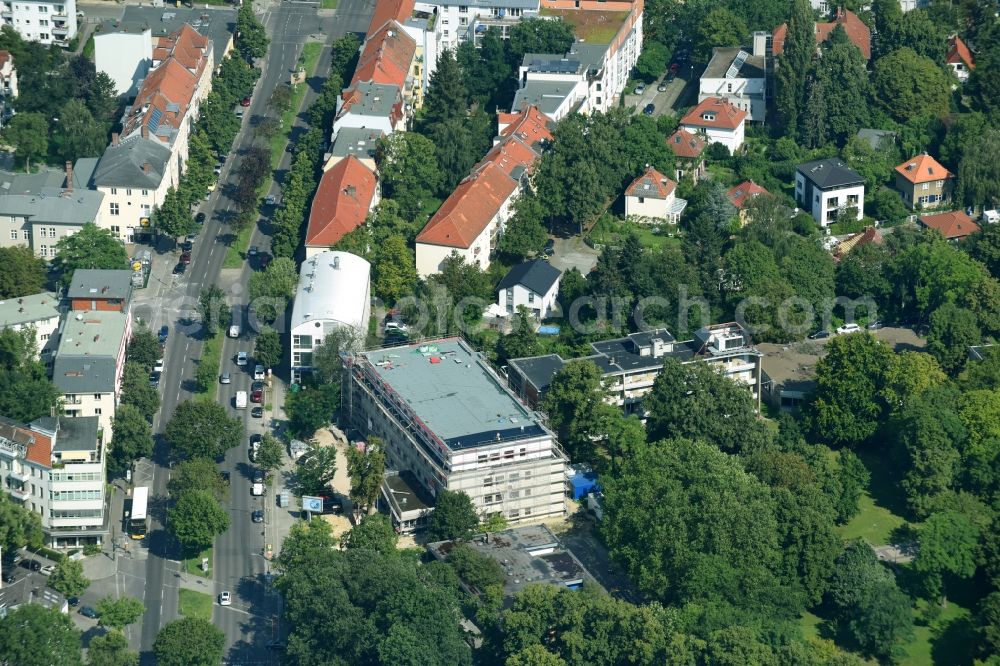 Berlin from above - Construction site for the new building of DRK-Blutspendedienst Nord-Ost on Hindenburgdonm in the district Steglitz in Berlin, Germany