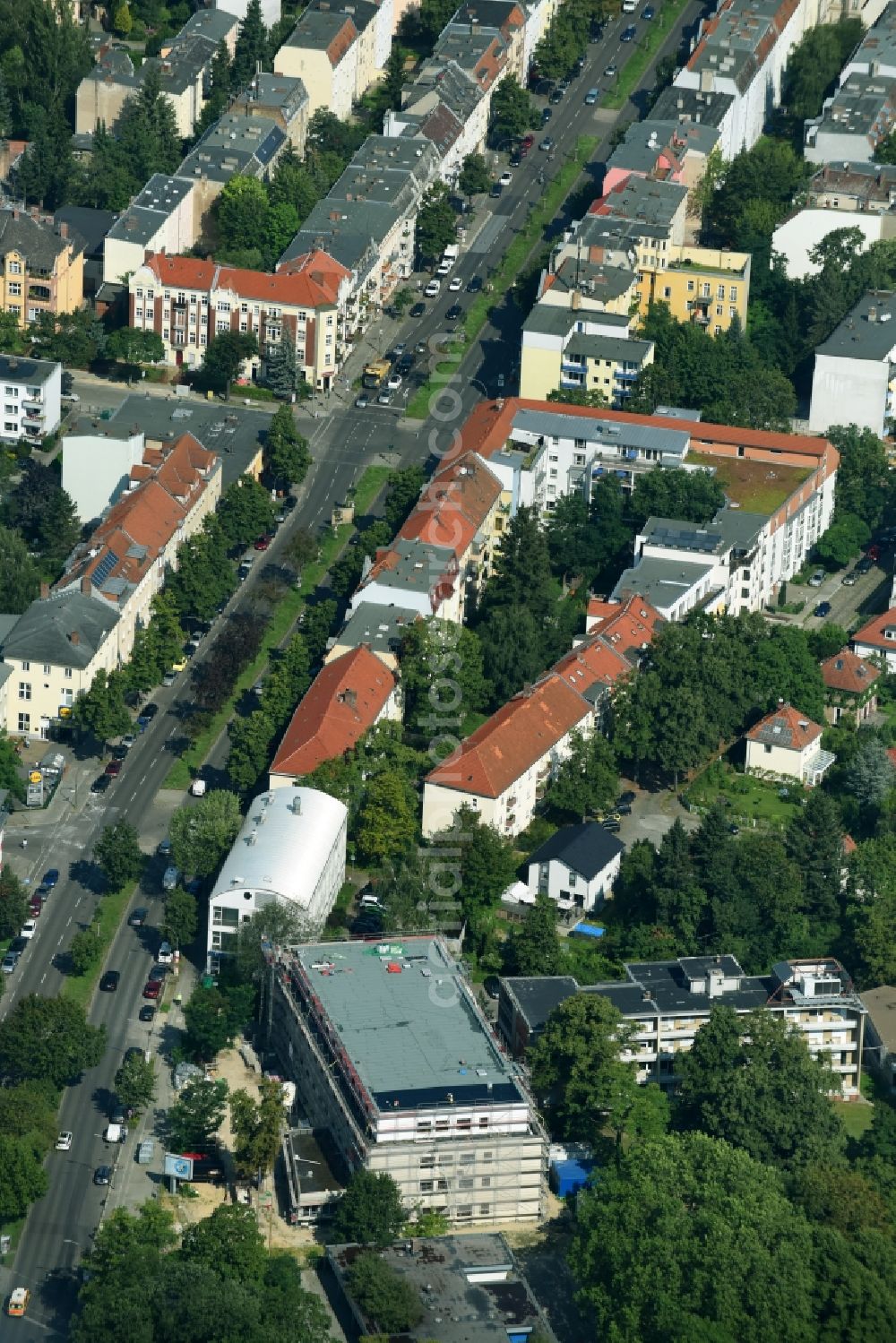 Aerial image Berlin - Construction site for the new building of DRK-Blutspendedienst Nord-Ost on Hindenburgdonm in the district Steglitz in Berlin, Germany