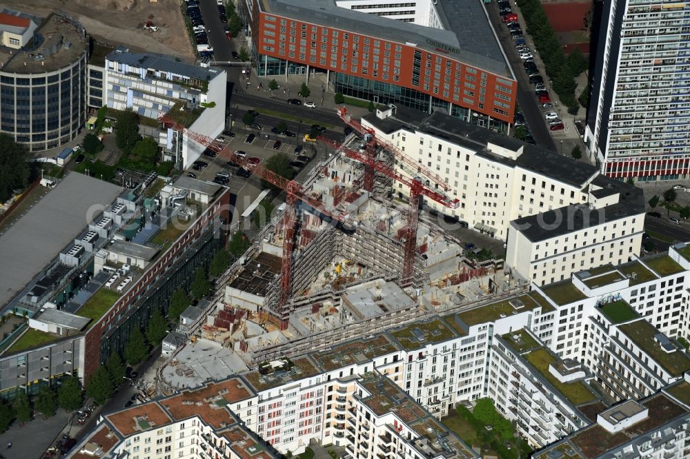 Aerial image Berlin - Construction for the new construction of condominiums and commercial units of the project Living at Spittelmarkt by the construction company Adolf Lupp GmbH + Co KG on the triangular plot around the Kommandantenstrasse and Beuthstrasse in the district Mitte in Berlin, Germany. The client is the PANDION AG