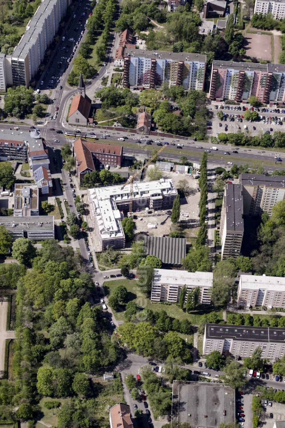 Aerial image Berlin - Construction site of a new DOMICIL care and nursing home for the elderly on Alfred-Kowalke-Strasse in the district of Lichtenberg in Berlin, Germany. Its owner is HBB Hanseatische Gesellschaft fuer Seniorenheime mbH & Co. KG, BATEG GmbH is the main developer