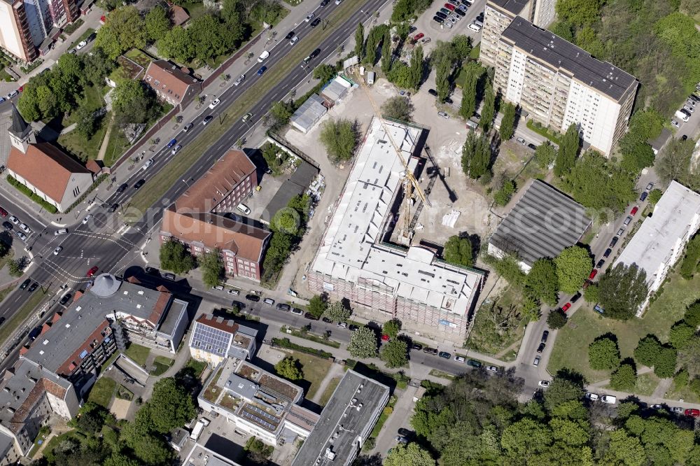 Aerial image Berlin - Construction site of a new DOMICIL care and nursing home for the elderly on Alfred-Kowalke-Strasse in the district of Lichtenberg in Berlin, Germany. Its owner is HBB Hanseatische Gesellschaft fuer Seniorenheime mbH & Co. KG, BATEG GmbH is the main developer