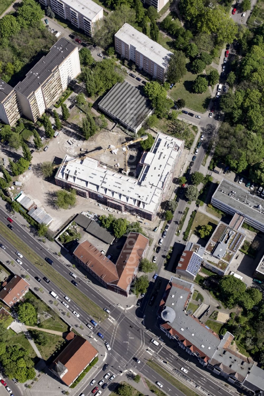 Aerial image Berlin - Construction site of a new DOMICIL care and nursing home for the elderly on Alfred-Kowalke-Strasse in the district of Lichtenberg in Berlin, Germany. Its owner is HBB Hanseatische Gesellschaft fuer Seniorenheime mbH & Co. KG, BATEG GmbH is the main developer