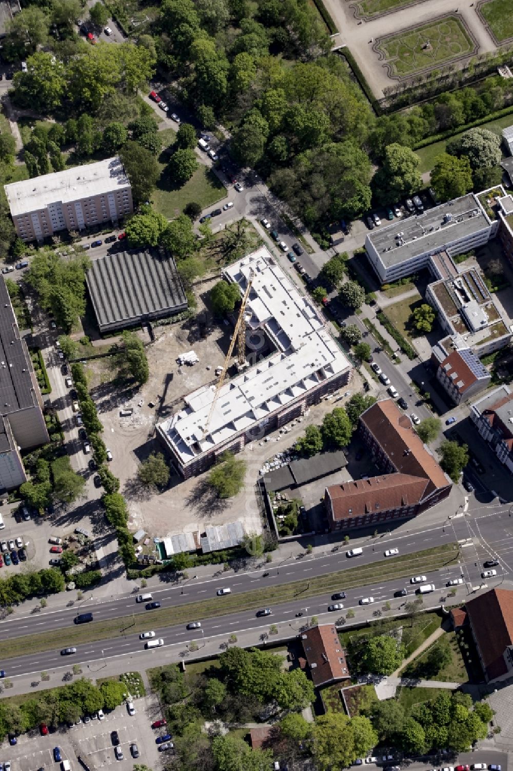 Berlin from above - Construction site of a new DOMICIL care and nursing home for the elderly on Alfred-Kowalke-Strasse in the district of Lichtenberg in Berlin, Germany. Its owner is HBB Hanseatische Gesellschaft fuer Seniorenheime mbH & Co. KG, BATEG GmbH is the main developer