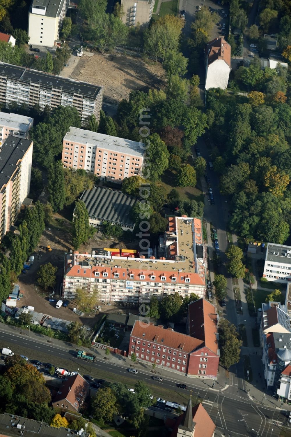 Aerial image Berlin - Construction site of a new DOMICIL care and nursing home for the elderly on Alfred-Kowalke-Strasse in the district of Lichtenberg in Berlin, Germany. Its owner is HBB Hanseatische Gesellschaft fuer Seniorenheime mbH & Co. KG, BATEG GmbH is the main developer