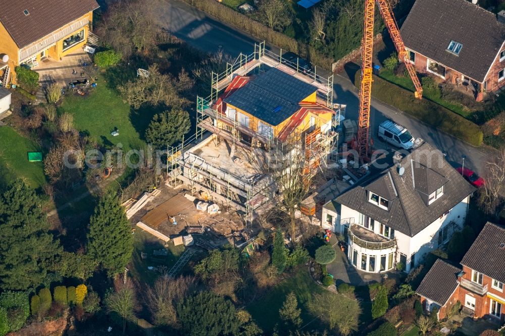 Hamm from the bird's eye view: Construction site for the construction of a new family home in the Hubertusstrasse in Hamm in the federal state of North Rhine-Westphalia, Germany