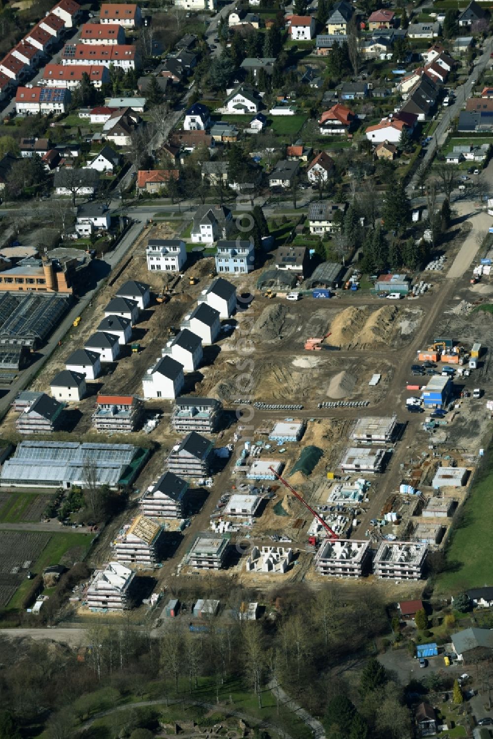 Berlin from above - Construction site of NCC AB for single family and semi-detached house settlement on Mohriner Allee of the Britz part of Berlin in Germany