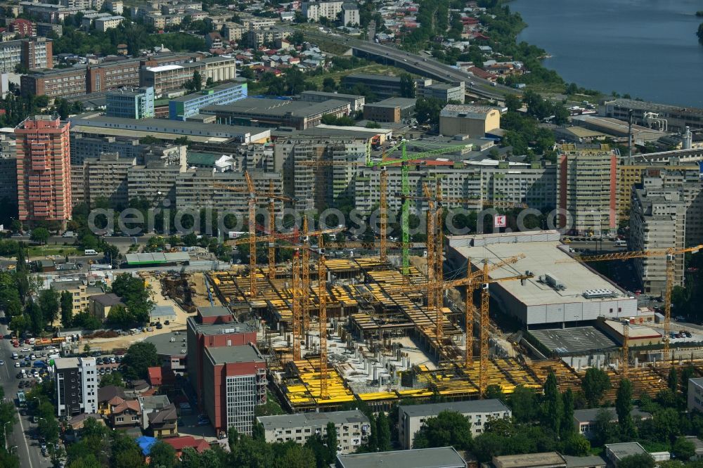 Bukarest from above - Construction site for the new building of the Mega Mall Bucharest at the Pierre de Coubert in Bucharest, Romania