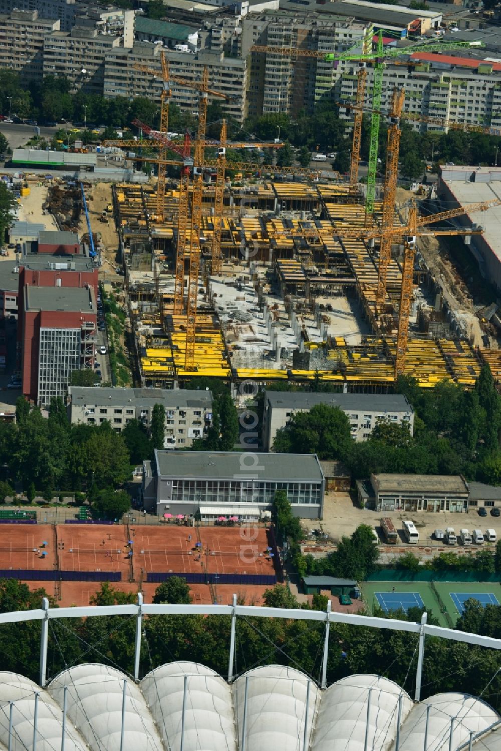 Bukarest from above - Construction site for the new building of the Mega Mall Bucharest at the Pierre de Coubert in Bucharest, Romania