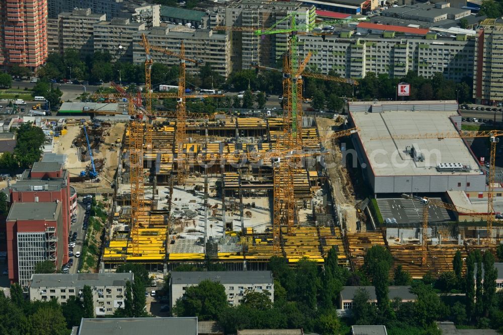 Bukarest from above - Construction site for the new building of the Mega Mall Bucharest at the Pierre de Coubert in Bucharest, Romania