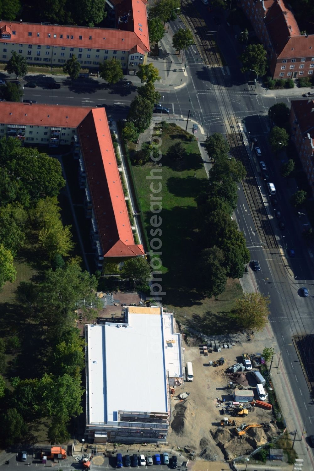 Aerial photograph Berlin - Construction site to build a new discounter shopping center at the corner Hoernlestrasse Mahlsdorfer street in the Koepenick district of Berlin