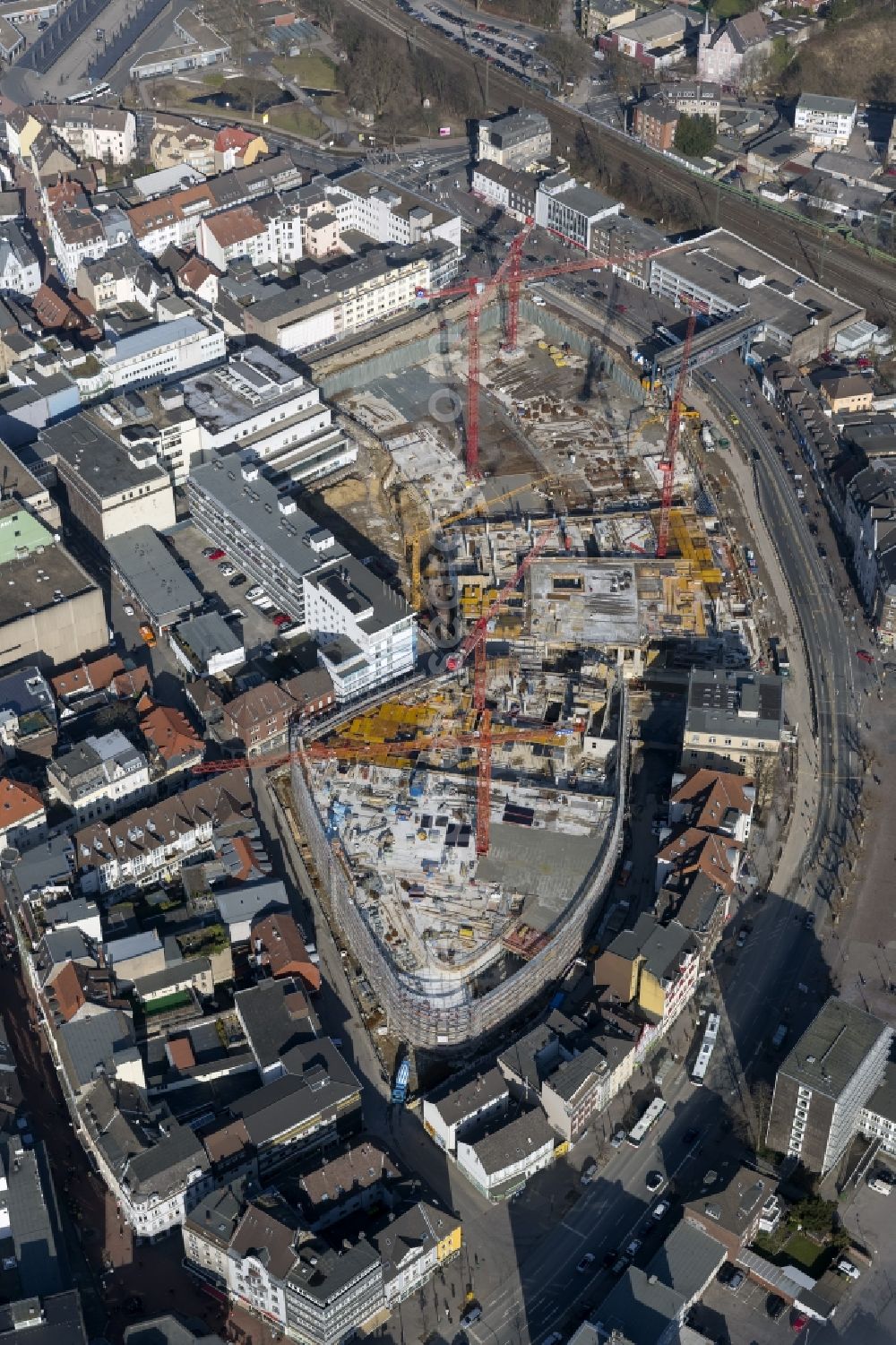 Aerial photograph Recklinghausen - Construction site for the new building of the shopping center Recklinghausen Arcaden on the site of the former s Löhrhof Center opposite the town hall Recklinghausen in North Rhine-Westphalia NRW