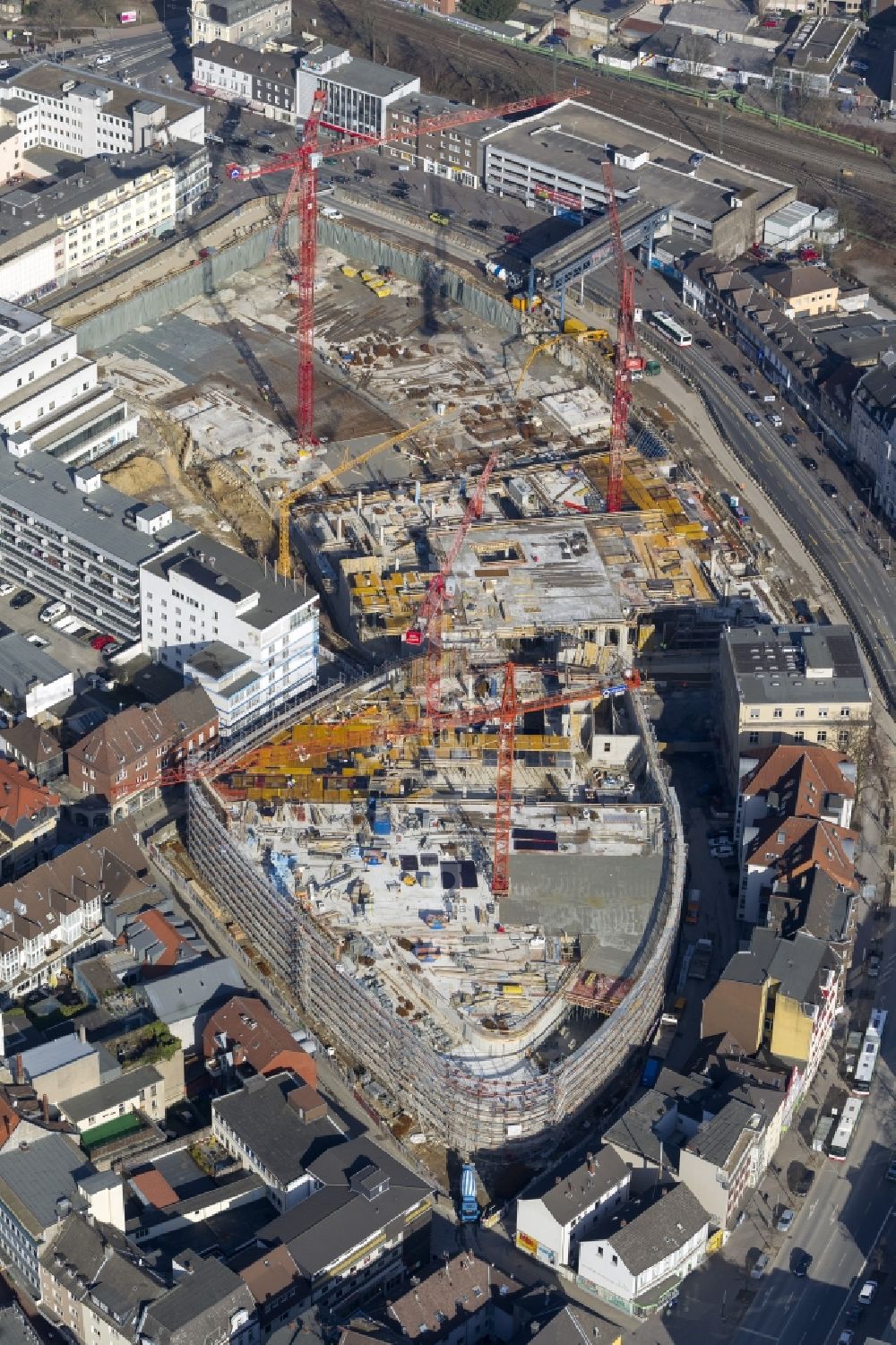 Aerial image Recklinghausen - Construction site for the new building of the shopping center Recklinghausen Arcaden on the site of the former s Löhrhof Center opposite the town hall Recklinghausen in North Rhine-Westphalia NRW