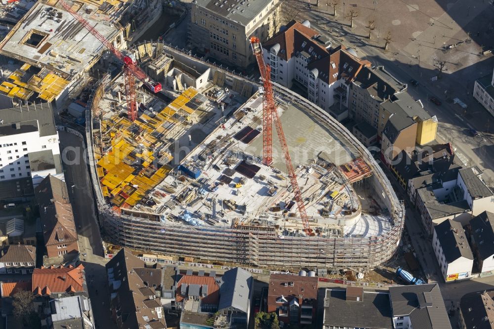 Aerial photograph Recklinghausen - Construction site for the new building of the shopping center Recklinghausen Arcaden on the site of the former s Löhrhof Center opposite the town hall Recklinghausen in North Rhine-Westphalia NRW