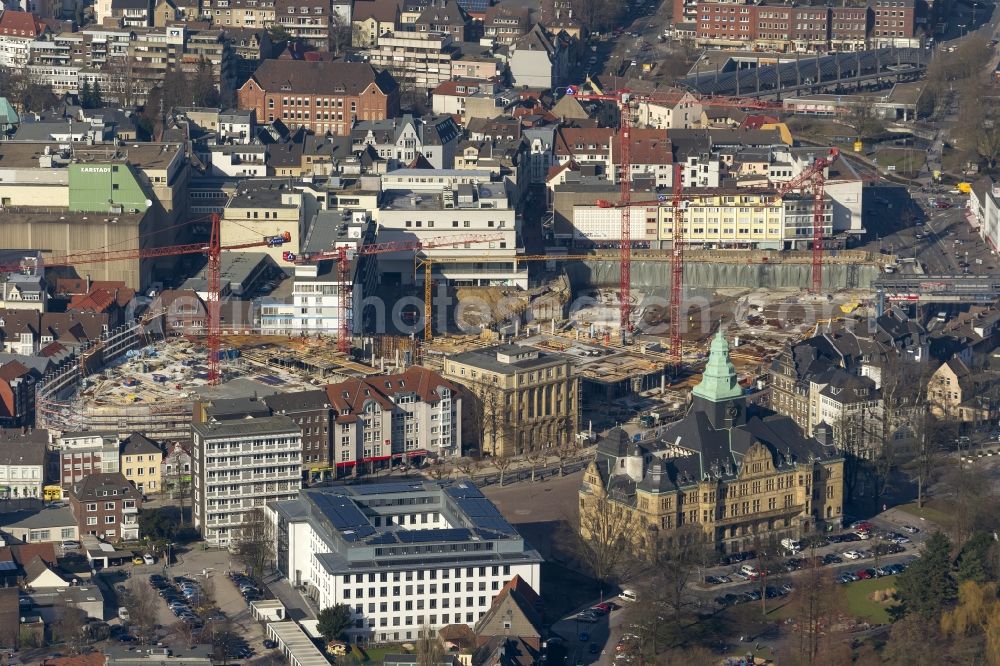 Recklinghausen from above - Construction site for the new building of the shopping center Recklinghausen Arcaden on the site of the former s Löhrhof Center opposite the town hall Recklinghausen in North Rhine-Westphalia NRW