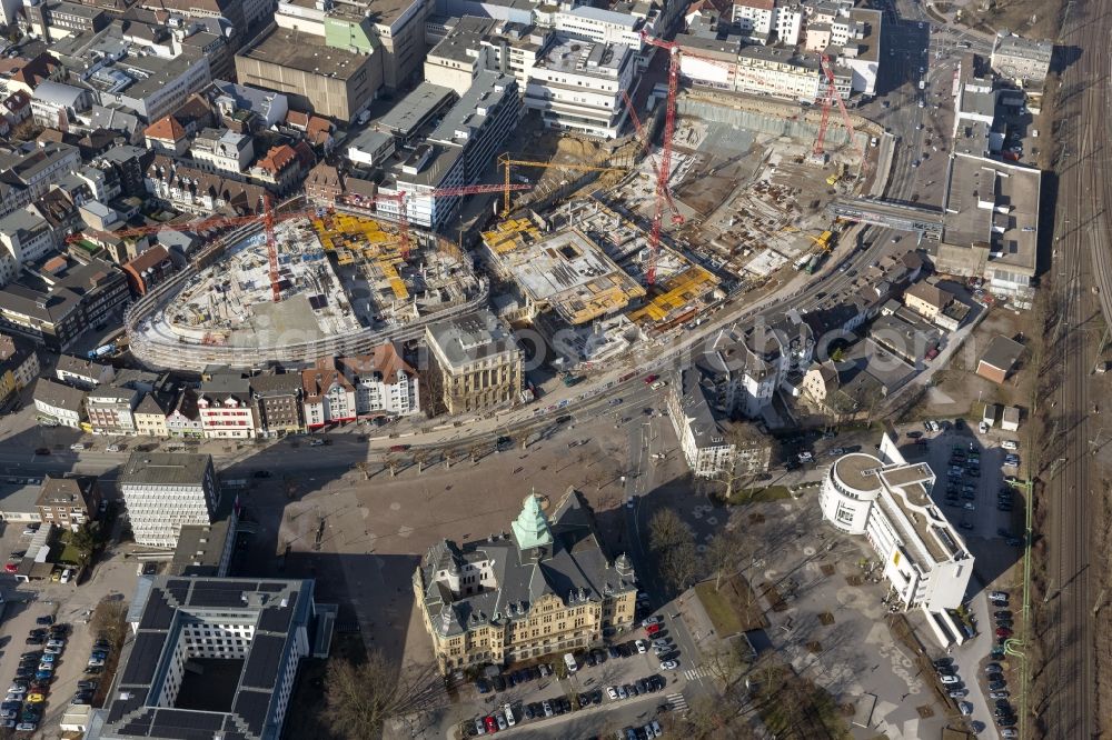 Recklinghausen from above - Construction site for the new building of the shopping center Recklinghausen Arcaden on the site of the former s Löhrhof Center opposite the town hall Recklinghausen in North Rhine-Westphalia NRW