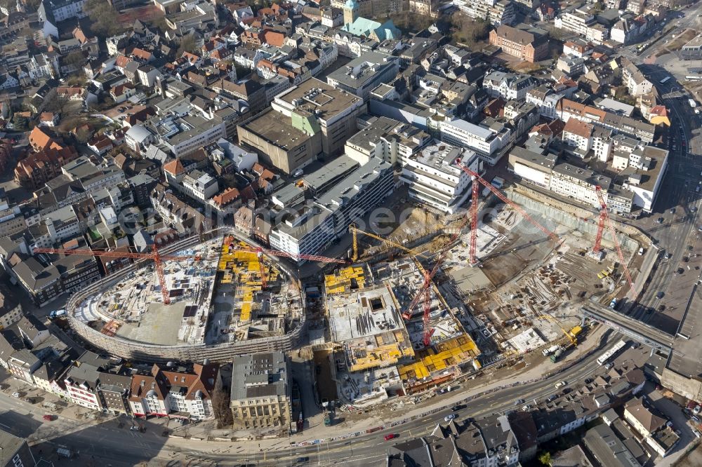 Aerial photograph Recklinghausen - Construction site for the new building of the shopping center Recklinghausen Arcaden on the site of the former s Löhrhof Center opposite the town hall Recklinghausen in North Rhine-Westphalia NRW