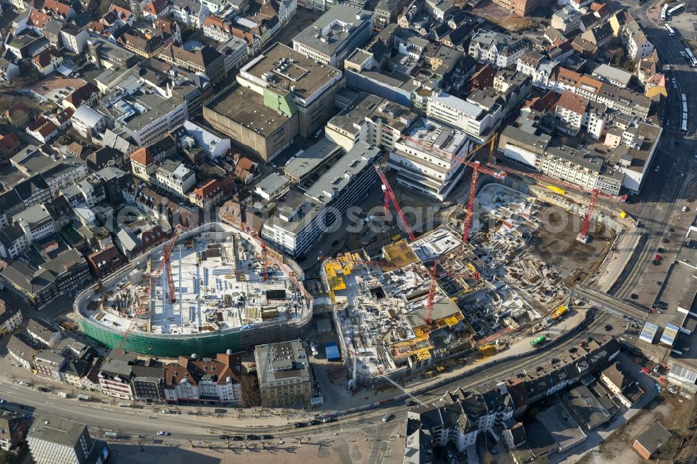 Recklinghausen from the bird's eye view: Construction site for the new building of the shopping center Recklinghausen Arcaden on the site of the former s Löhrhof Center opposite the town hall Recklinghausen in North Rhine-Westphalia NRW