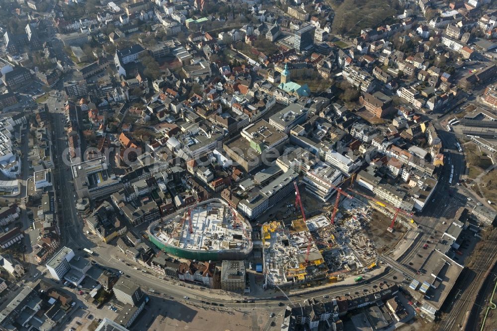 Aerial image Recklinghausen - Construction site for the new building of the shopping center Recklinghausen Arcaden on the site of the former s Löhrhof Center opposite the town hall Recklinghausen in North Rhine-Westphalia NRW