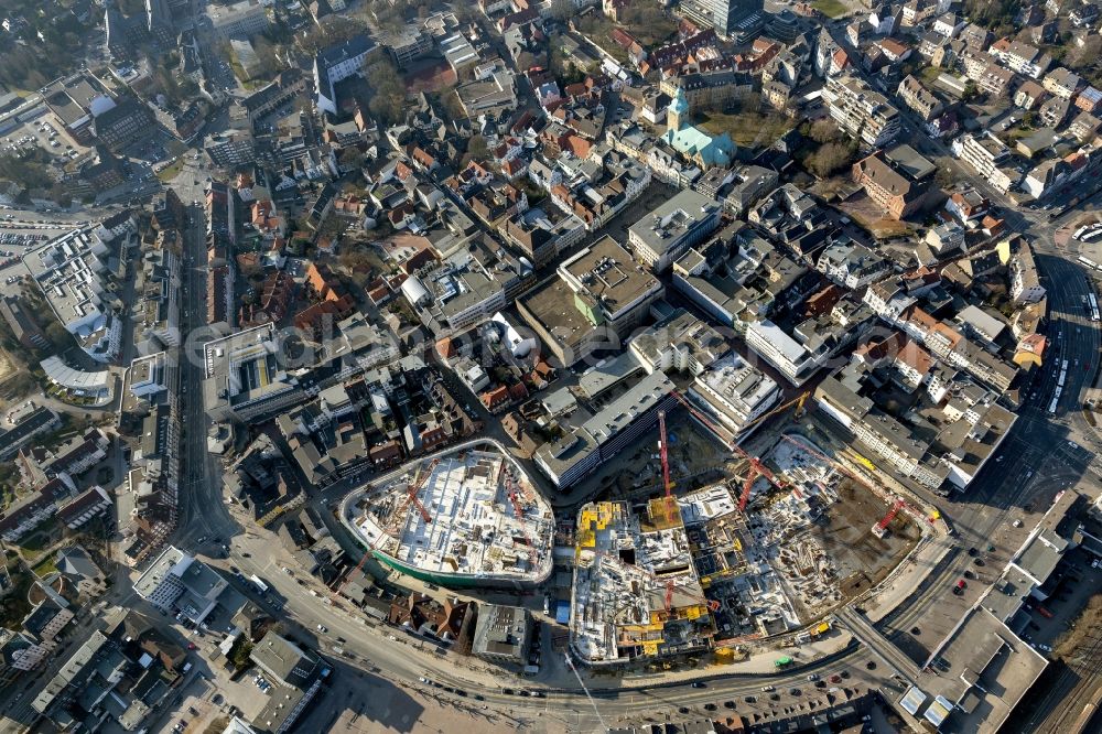 Recklinghausen from above - Construction site for the new building of the shopping center Recklinghausen Arcaden on the site of the former s Löhrhof Center opposite the town hall Recklinghausen in North Rhine-Westphalia NRW