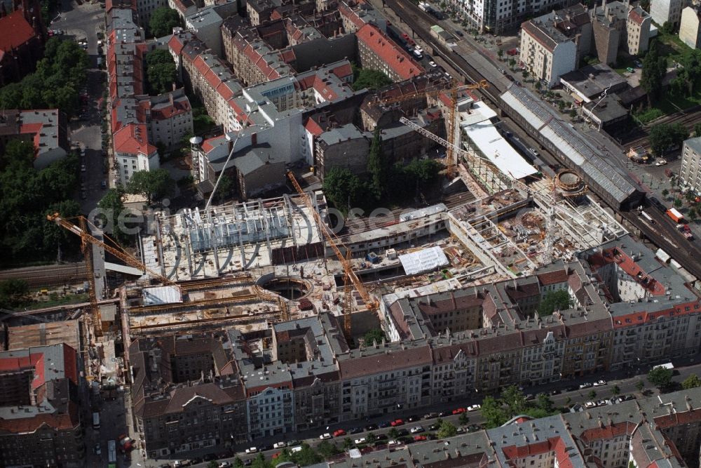 Berlin Prenzlauer Berg from the bird's eye view: Construction site for the new building of the shopping center Schoenhauser Allee on the same S-Bahn station in Berlin Prenzlauer Berg