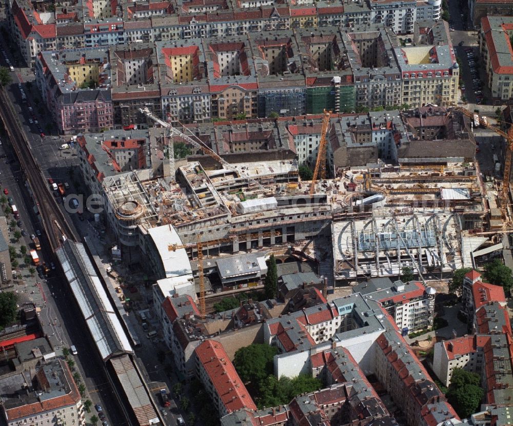 Aerial photograph Berlin Prenzlauer Berg - Construction site for the new building of the shopping center Schoenhauser Allee on the same S-Bahn station in Berlin Prenzlauer Berg