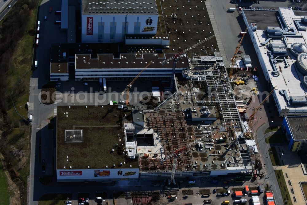 Günthersdorf from above - Construction of the building store - furniture market of Hoeffner Moebelgesellschaft GmbH & Co. KG in Guenthersdorf in the state Saxony-Anhalt