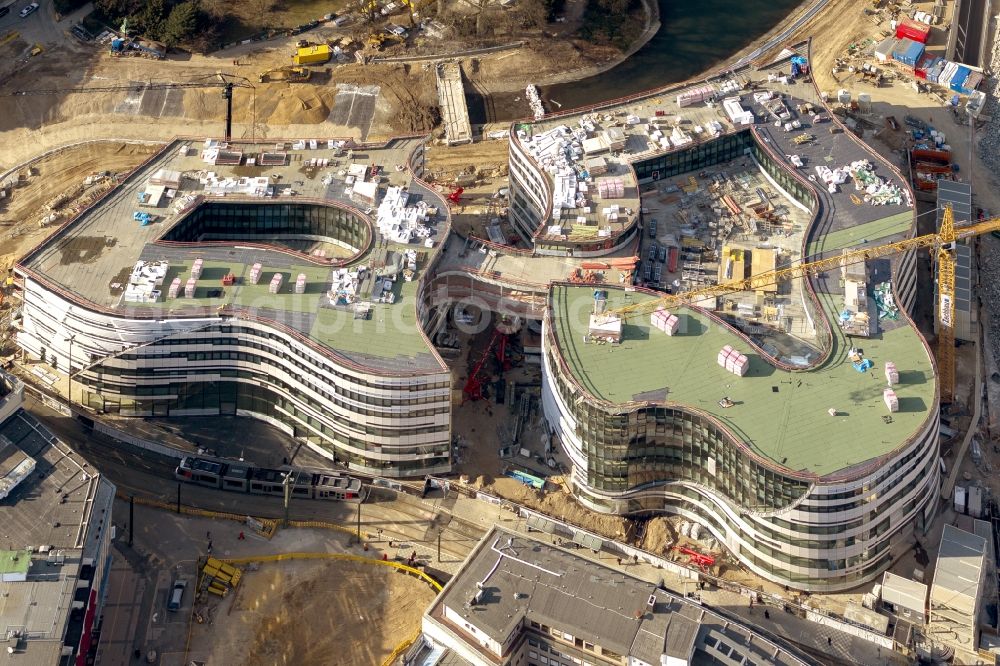 Aerial image Düsseldorf - DUSSELDORF 16/08/2012 The construction site for the construction of a new retail and office property Koe-arch in Dusseldorf in North Rhine-Westphalia. Between Königsallee boulevard and Hofgarten Schadowplatz, built the company Zechbau two 26-meter-high building complexes for retail and offices