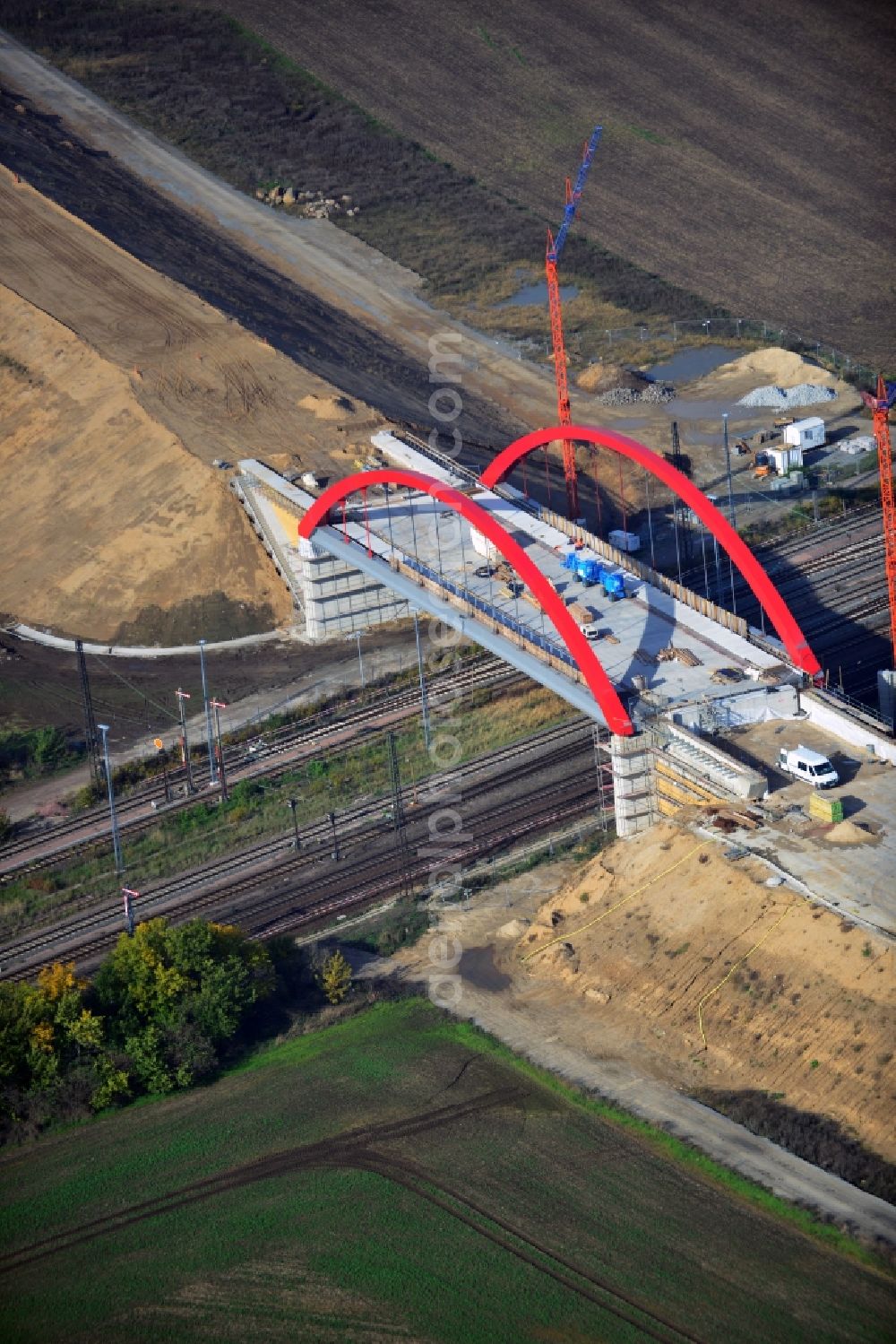 Köthen from above - Construction site for the new railway- bridge building of the bypass Cöthen in Saxony-Anhalt