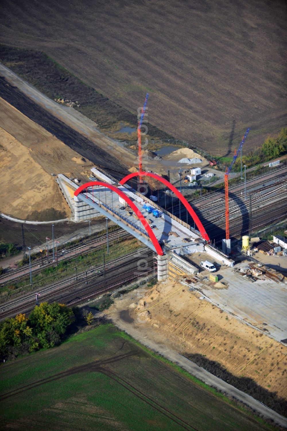 Köthen from the bird's eye view: Construction site for the new railway- bridge building of the bypass Cöthen in Saxony-Anhalt