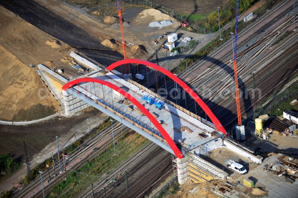 Aerial image Köthen - Construction site for the new railway- bridge building of the bypass Cöthen in Saxony-Anhalt