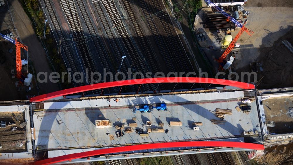 Köthen from above - Construction site for the new railway- bridge building of the bypass Cöthen in Saxony-Anhalt