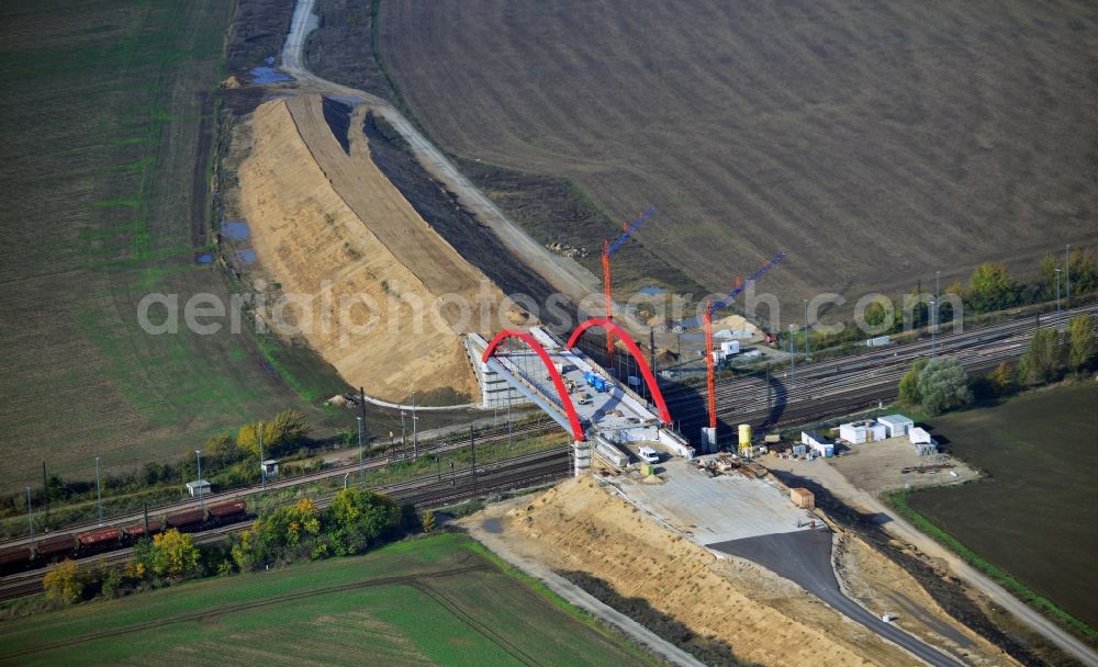 Köthen from the bird's eye view: Construction site for the new railway- bridge building of the bypass Cöthen in Saxony-Anhalt