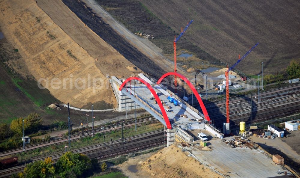 Aerial image Köthen - Construction site for the new railway- bridge building of the bypass Cöthen in Saxony-Anhalt