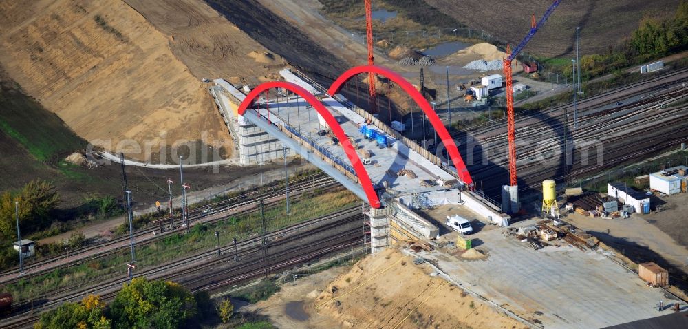 Aerial photograph Köthen - Construction site for the new railway- bridge building of the bypass Cöthen in Saxony-Anhalt