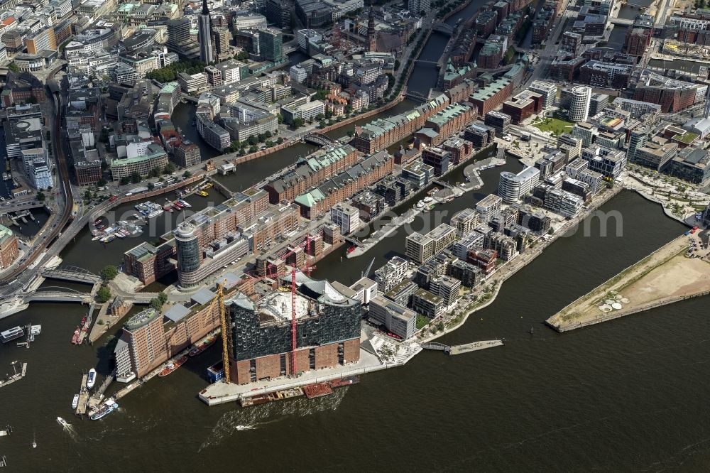 Aerial image Hamburg - View of construction of the Elbphilharmonie in the historic centre of Hamburg in HafenCity