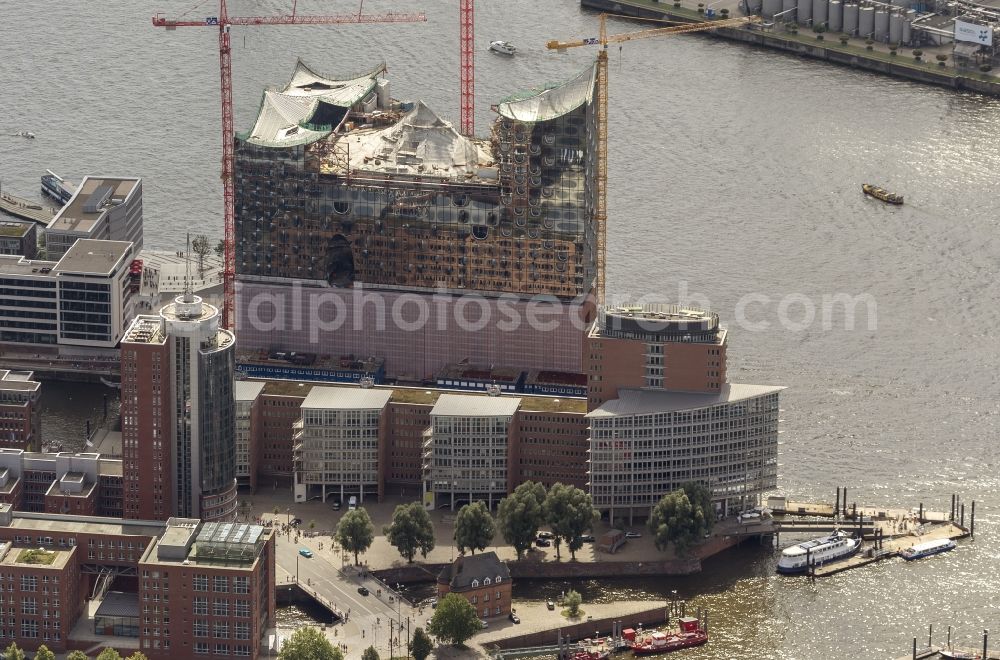 Aerial image Hamburg - View of construction of the Elbphilharmonie in the historic centre of Hamburg in HafenCity