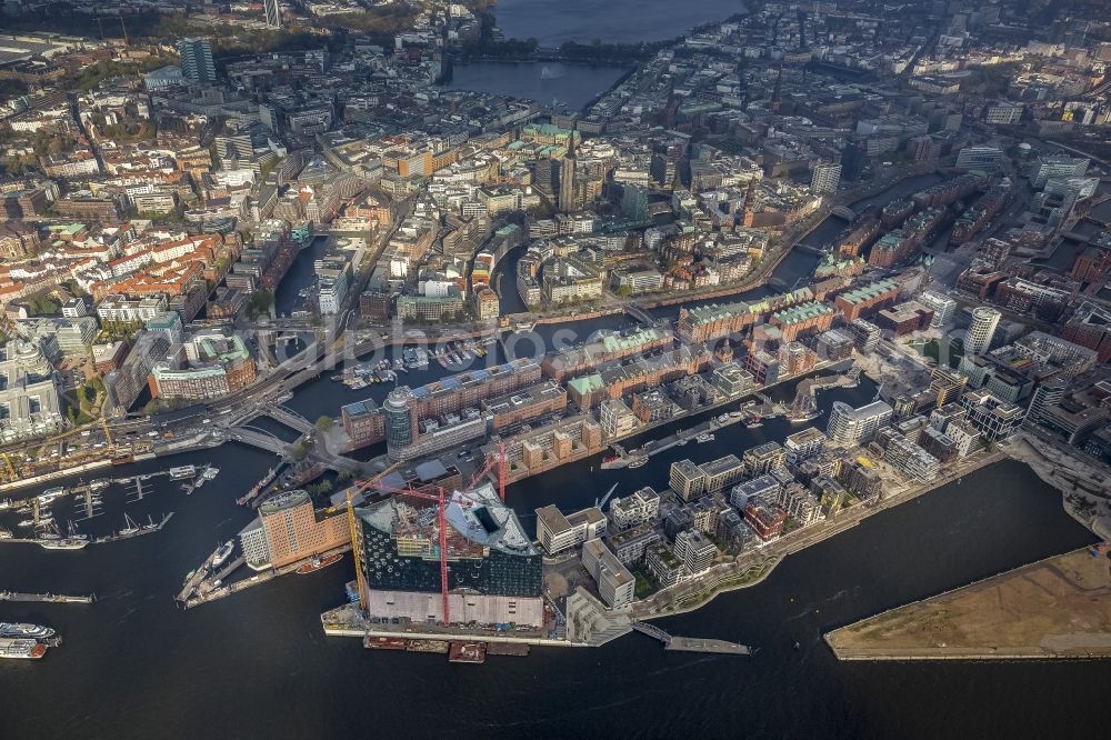 Hamburg from the bird's eye view: View of construction of the Elbphilharmonie in the historic centre of Hamburg in HafenCity