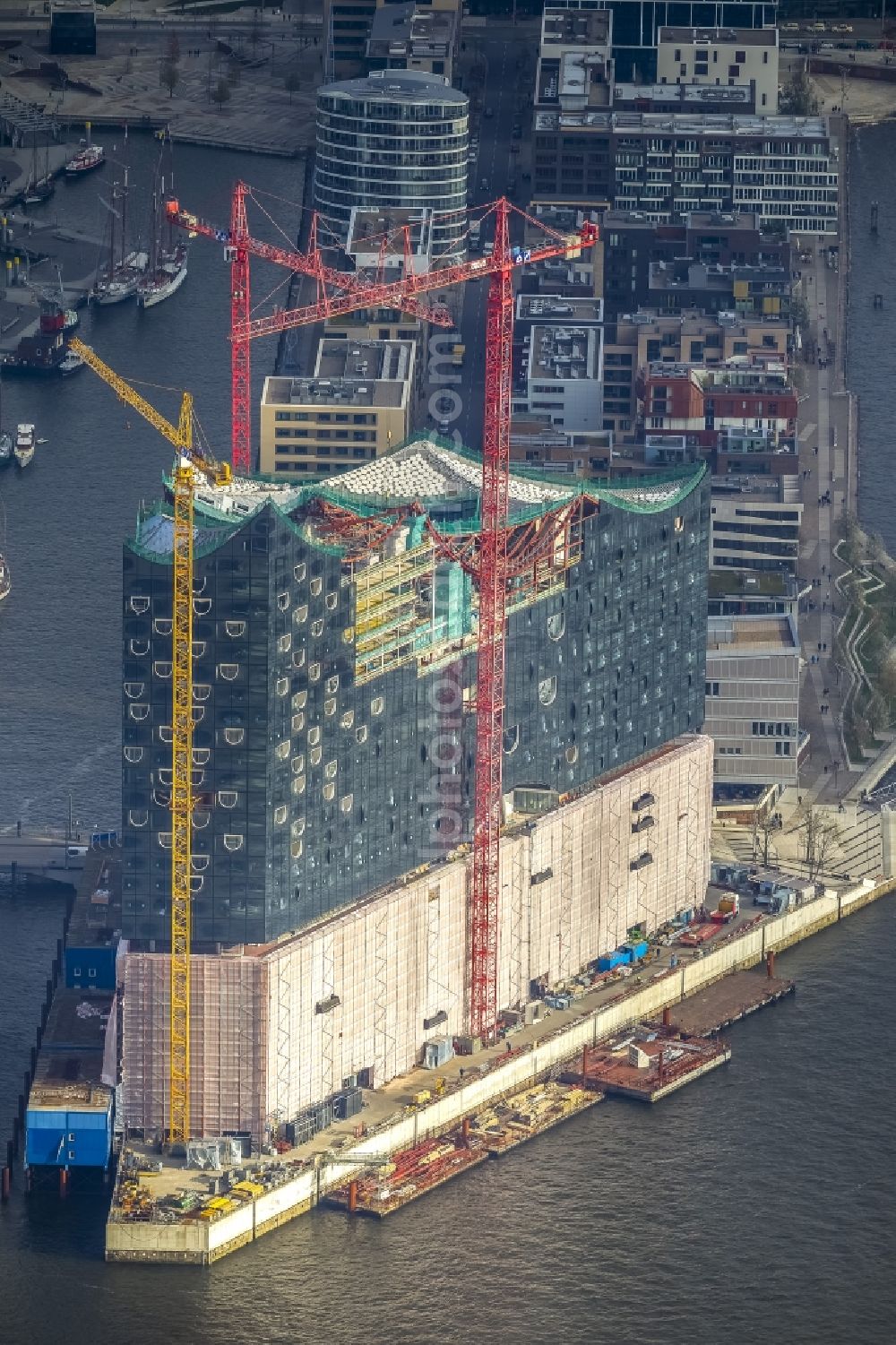 Aerial image Hamburg - View of construction of the Elbphilharmonie in the historic centre of Hamburg in HafenCity