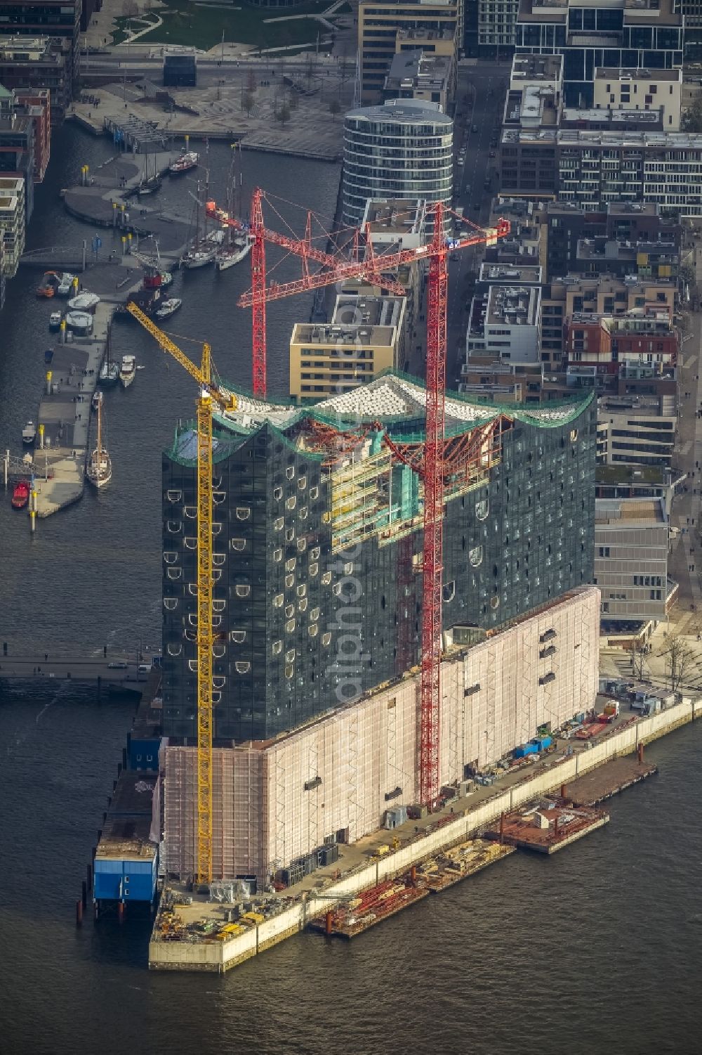 Hamburg from above - View of construction of the Elbphilharmonie in the historic centre of Hamburg in HafenCity