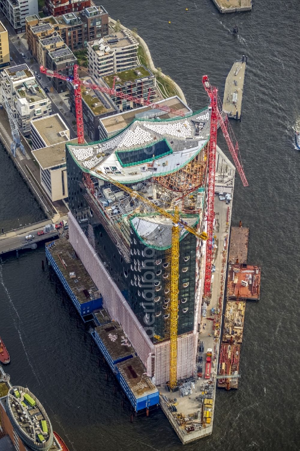 Hamburg from the bird's eye view: View of construction of the Elbphilharmonie in the historic centre of Hamburg in HafenCity